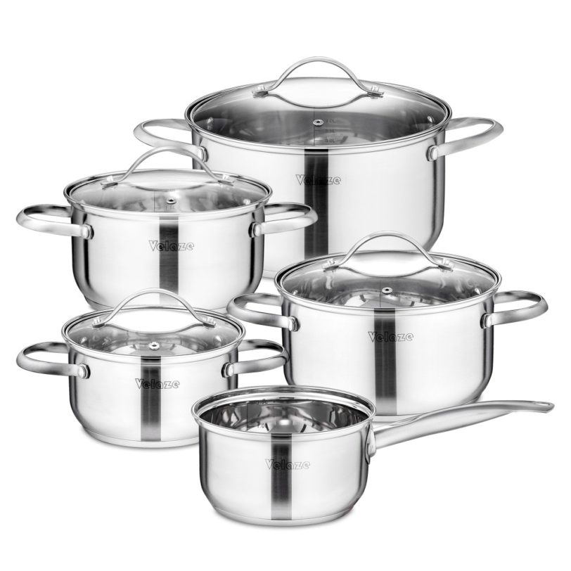 Velaze Cookware Set Kitchen Stainless Steel 9-Piece Cooking Pot Set,Induction Safe,Non Stick Saucepan,Casserole with Glass lid