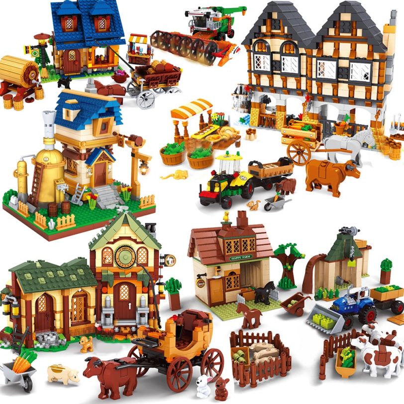 Village Architecture Farm Model Building Blocks Animals Set Harvester Tractor Horse Carriage Cow FIgures Construction Toy Friend