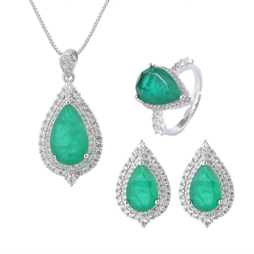 Vintage 925 Sterling Silver Moissanite Pear Emerald Gemstone Earrings/Necklace/Ring Wedding Engagement Jewelry Sets Wholesale