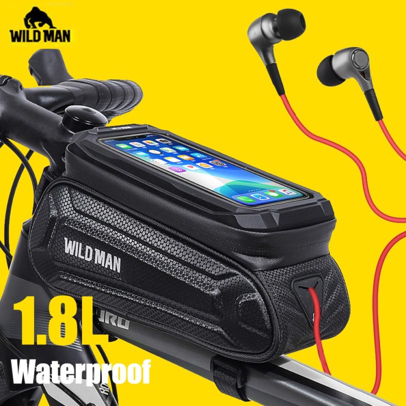 WILD MAN Bike Bag 1.8L Frame Front Tube Cycling Bag Bicycle Waterproof Phone Case Holder 7 Inches Touchscreen Bag Accessories