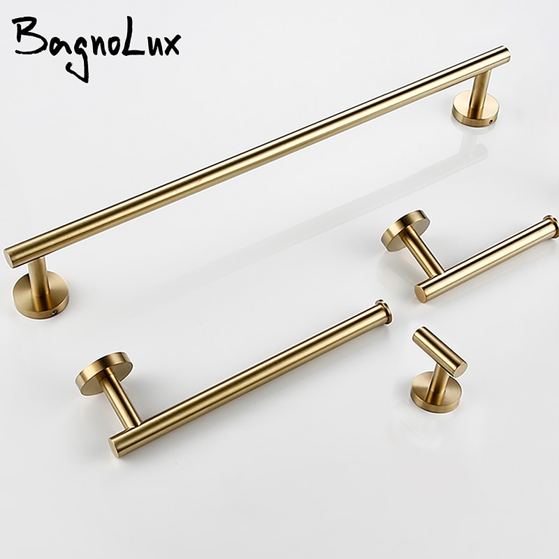 Wall Mounted Hand Towel Bar Brushed Gold Stainless Steel Round Toilet Paper Holder Robe Towel Hooks
