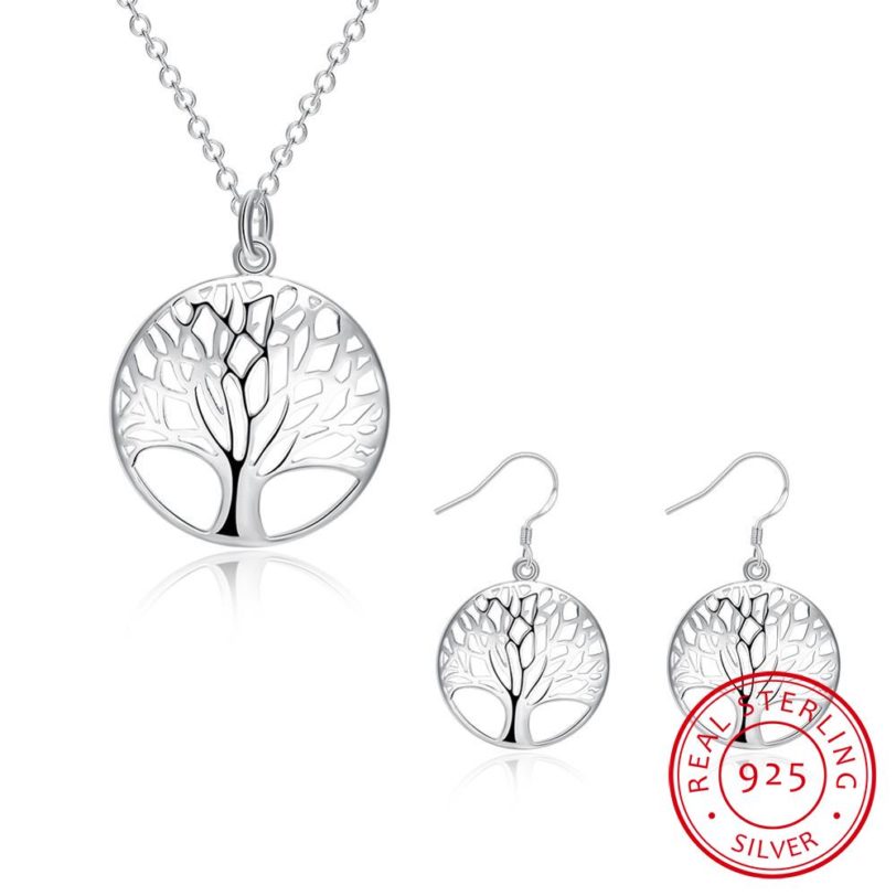 Wisdom Tree Necklace Earring set 925 Sterling Silver Tree of Life Pendant Necklace and Earrings Christmas Gifts Jewelry Set