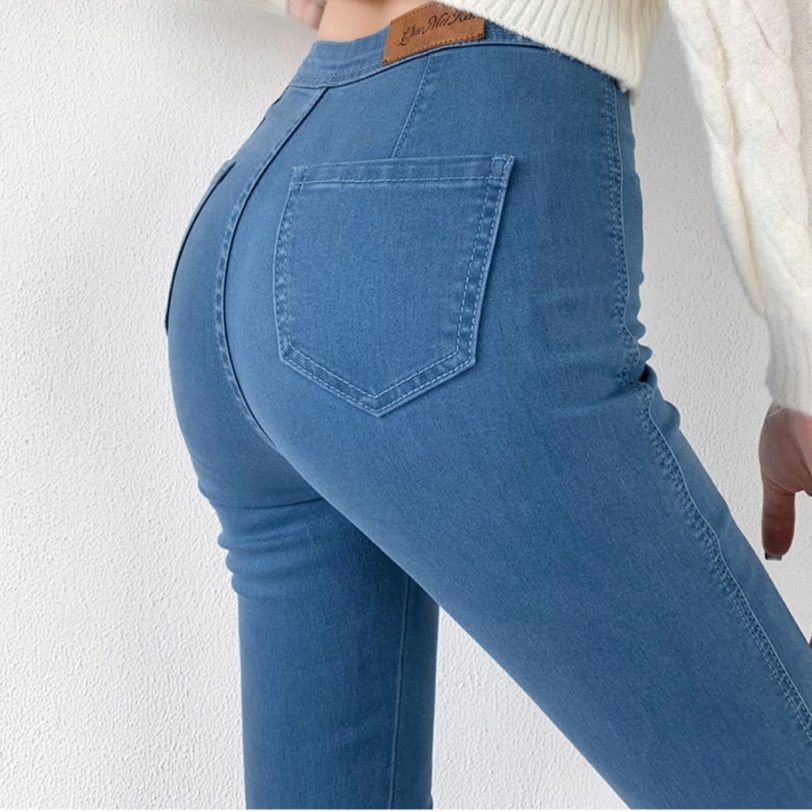 Women Jeans High Waist Stretch Hip Leggings Pencil Pants 2021 Autumn Street Retro Clothing Solid Color