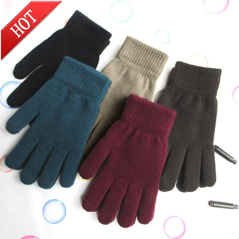 Women Men Unisex Winter Ribbed Knitted Full Fingered Gloves Basic Solid Color Thicken Plush Lining Mittens Thermal Wrist Warmer