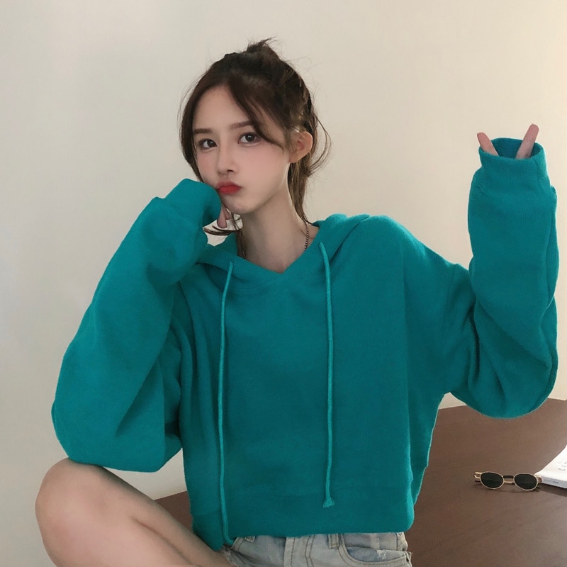 Women Pullover Sweatshirt 2021 Autumn Korean Style Hooded Long Sleeve Solid Short Loose Hoodie Girls Clothing