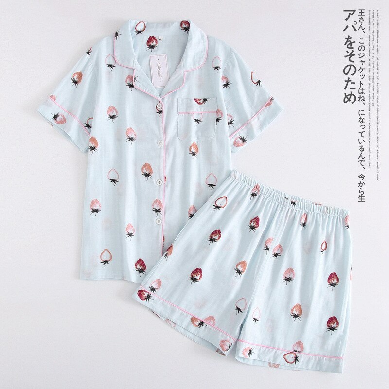 Women s Summer Double layer Gauze Pajamas Suit Cotton Short sleeved Shorts Lapel Home Wear Set 2