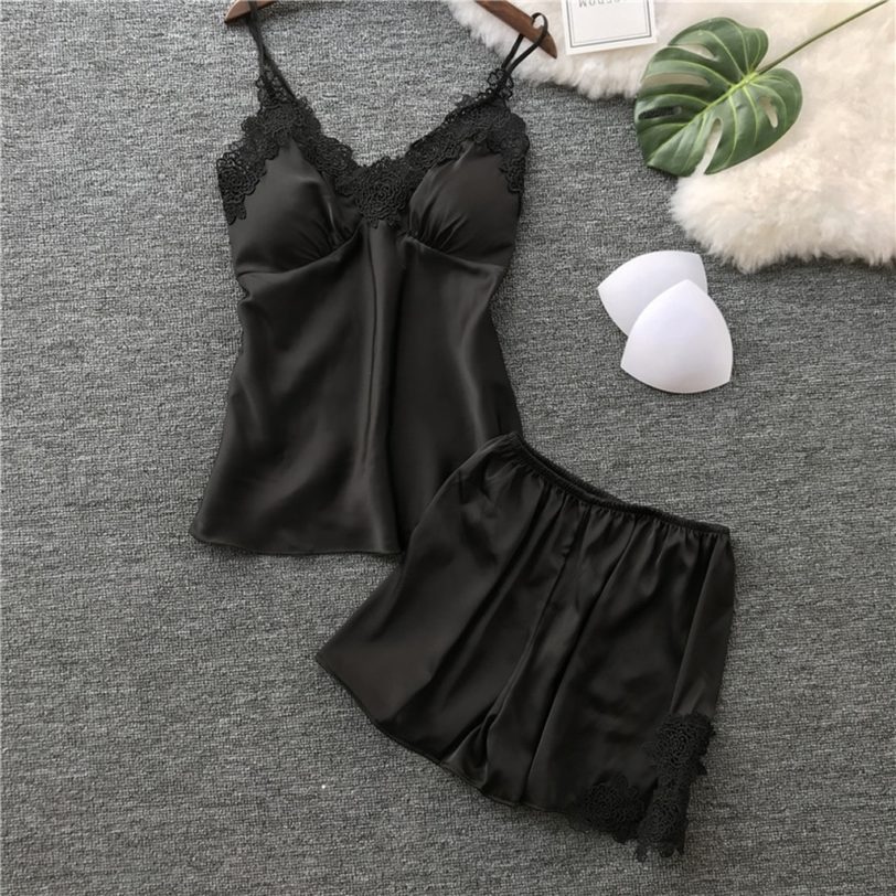 Womens Sexy Satin Sling Sleepwear Lingerie Lace Nightdress Underwear Set Home Clothes Nightwear Solid Color Dressing