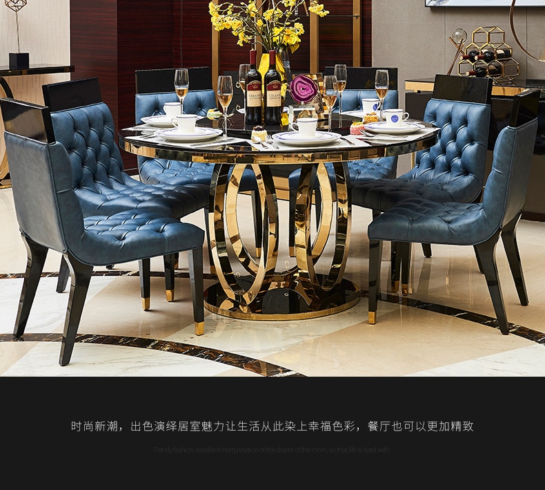 designer unique new stainless steel golden dining room set with marble table and 6 leather chairs