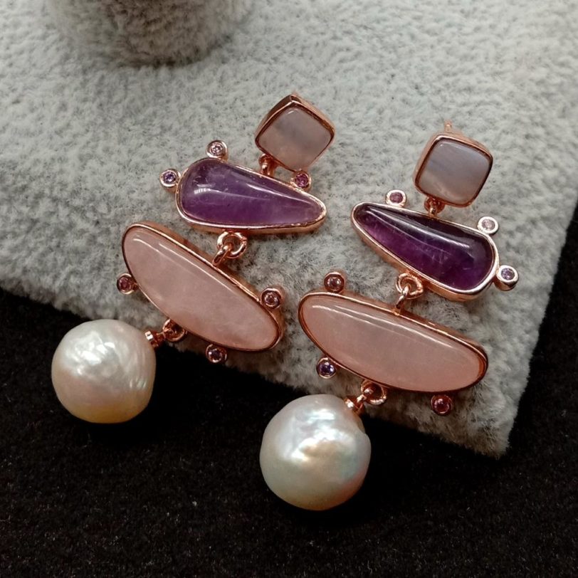 natural White Edison Pearl Blue chalcedony Amethyst Rose quartz geometric rose gold color plated Stud Earrings