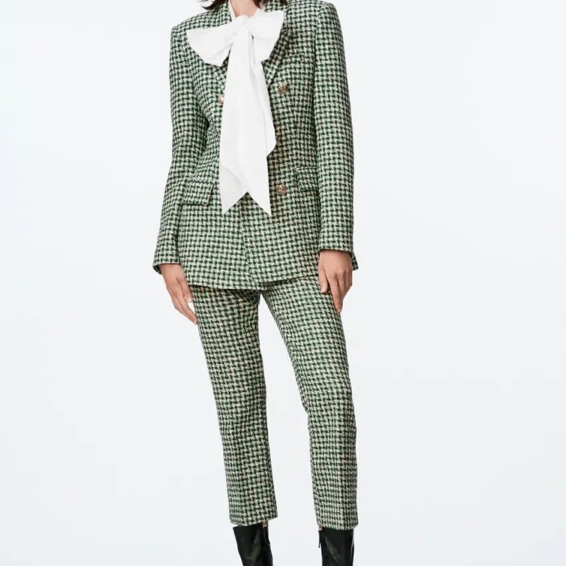xikom Tweed Women Two pieces set Vintage v Neck Plaid Long Sleeve Slim Office Lady Blazer