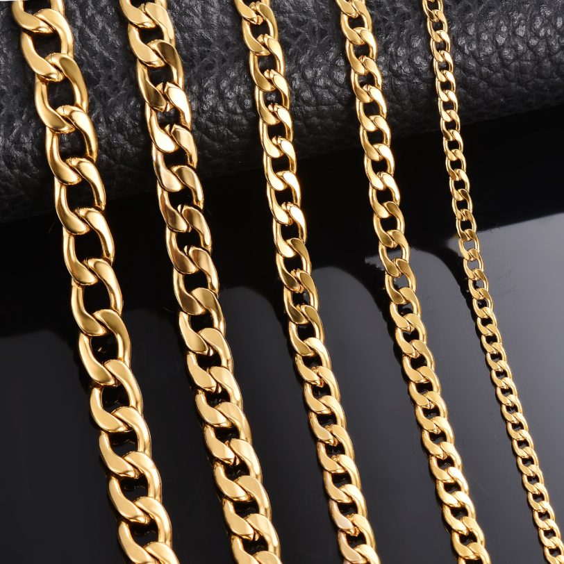 1 piece Length 21cm-100cm Gold Flat Curb Chain Necklace 3mm-7.5mm Stainless Steel Curb Link Chain for Men Women