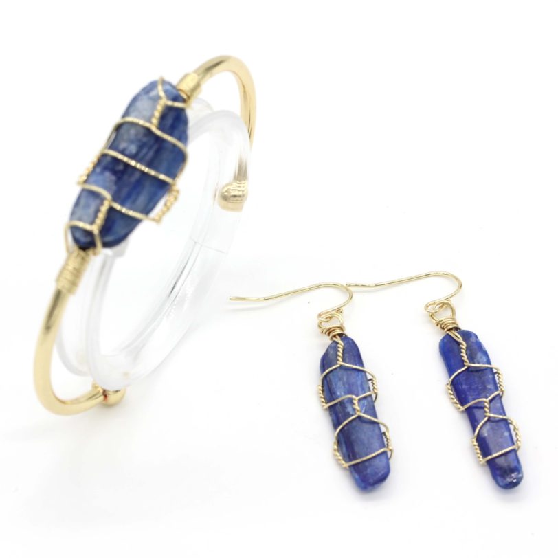 100-Unique Light Yellow Gold Color Irregular Shape Amethysts Stone Bangle Blue Crystal Earrings Wire Wrap Jewelry Set - Image 6