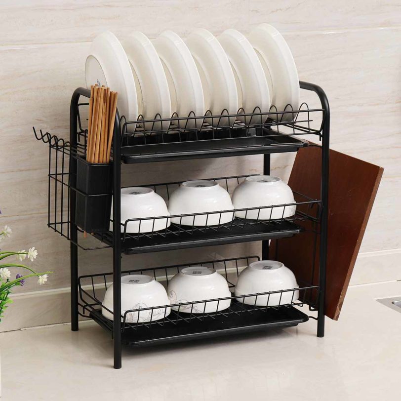 2/3 Tiers Dish Drying Rack Holder Basket Plated Iron Home Washing Great Kitchen Sink Dish Drainer Drying Rack Organizer Black - Image 2