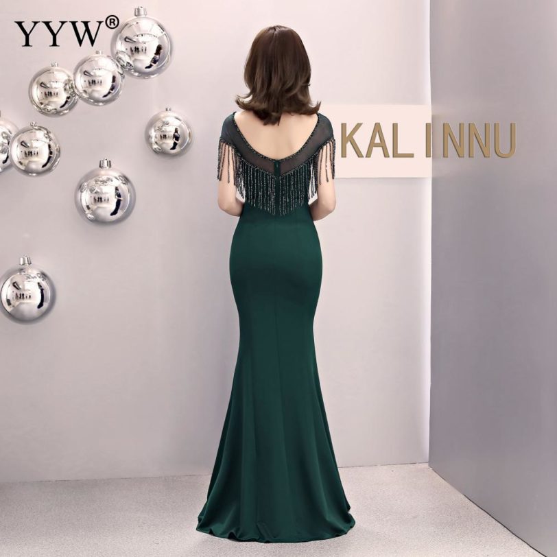 2020 Elegant O Neck Crystal Tassel Mermaid Long Dresses Luxury Short Sleeve Backless Evening Dress Sexy Robe Femme Party Dresses - Image 5