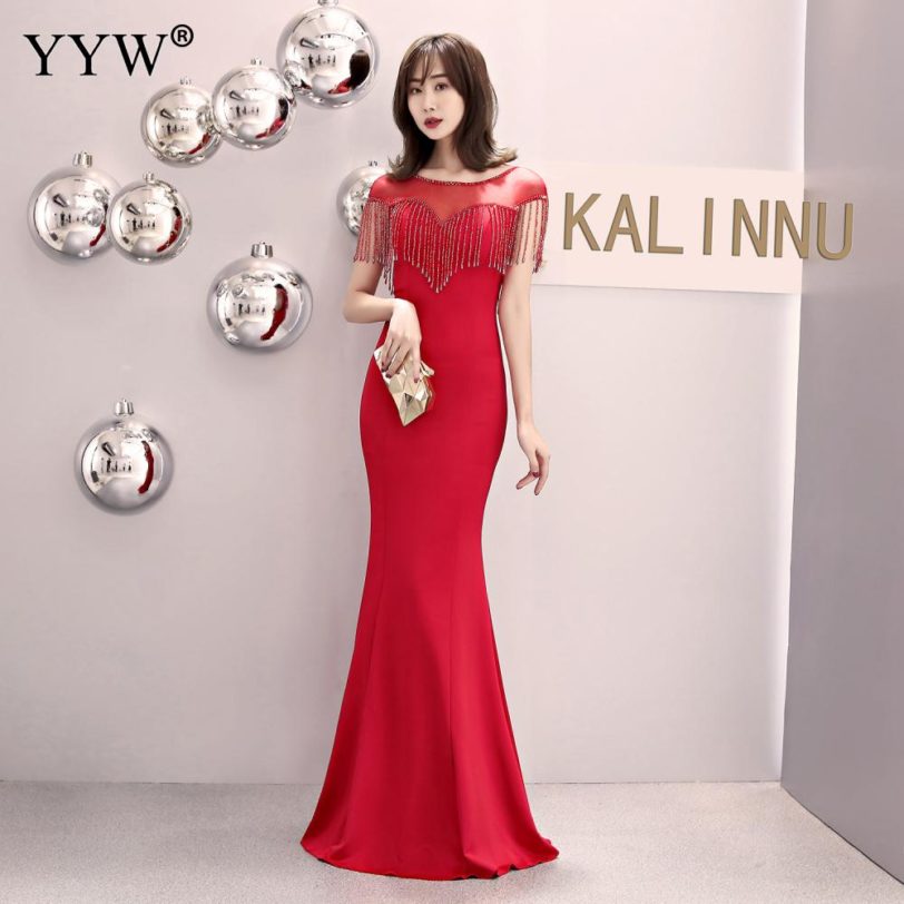 2020 Elegant O Neck Crystal Tassel Mermaid Long Dresses Luxury Short Sleeve Backless Evening Dress Sexy Robe Femme Party Dresses - Image 2