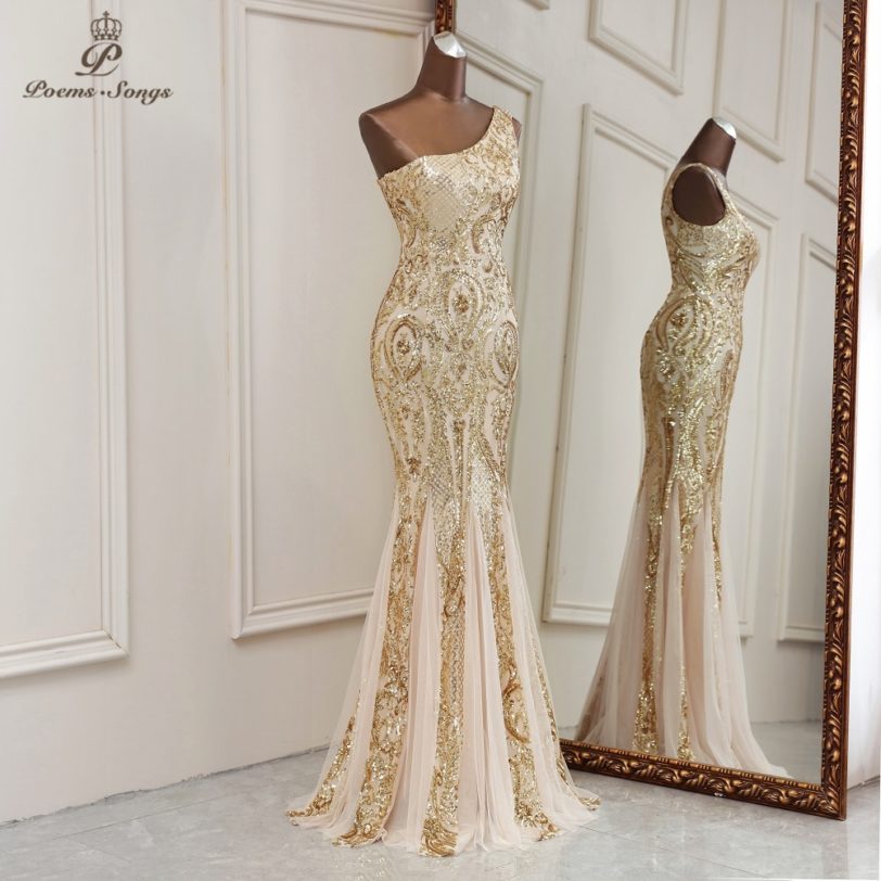 2021 New Sexy Gold mermaid evening dresses one shoulder dresses for women party vestidos de fiesta robe de soiree de mariage - Image 4