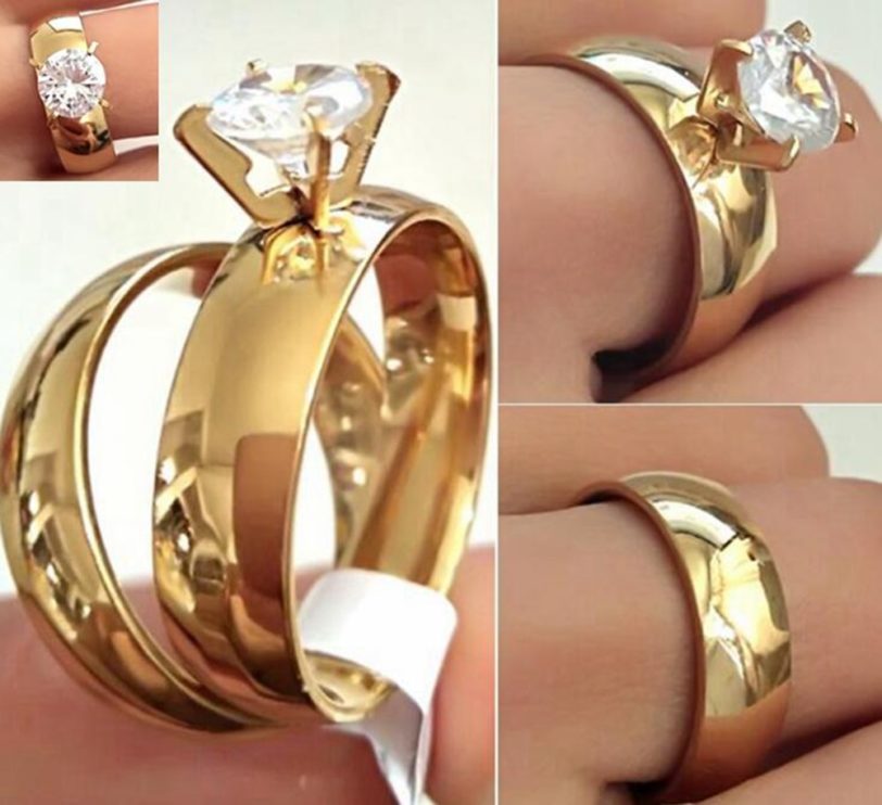 24pcs(12Sets) Gold Couple's Ring Wedding Band CZ Ring Lovers Anniversary Ring Classic Party Jewelry for Men & Women couples