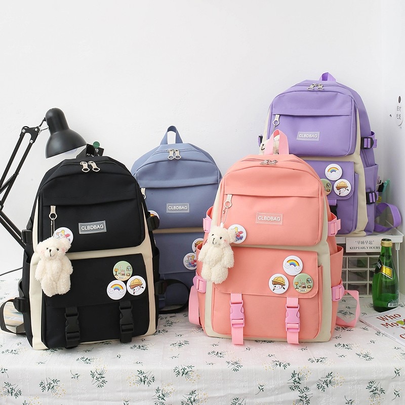 4 Pcs Set Harajuku Women Laptop Backpack Canvas School Bags For Teenage Girls Kawaii College Student 1