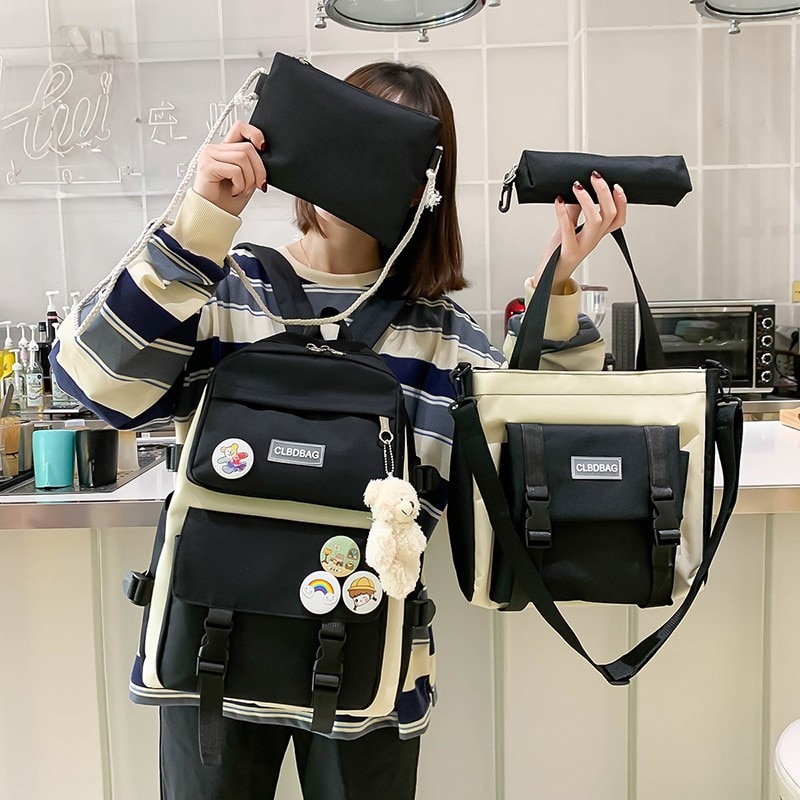 4 Pcs Set Harajuku Women Laptop Backpack Canvas School Bags For Teenage Girls Kawaii College Student