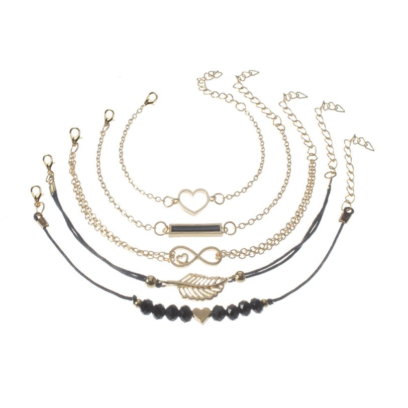 6 pcs/set Love Heart Infinity Symbol Charm Bracelets for Woman Gold Link Chain Bracelets Hollow Feather Black Beads Braclet Girl - Image 3