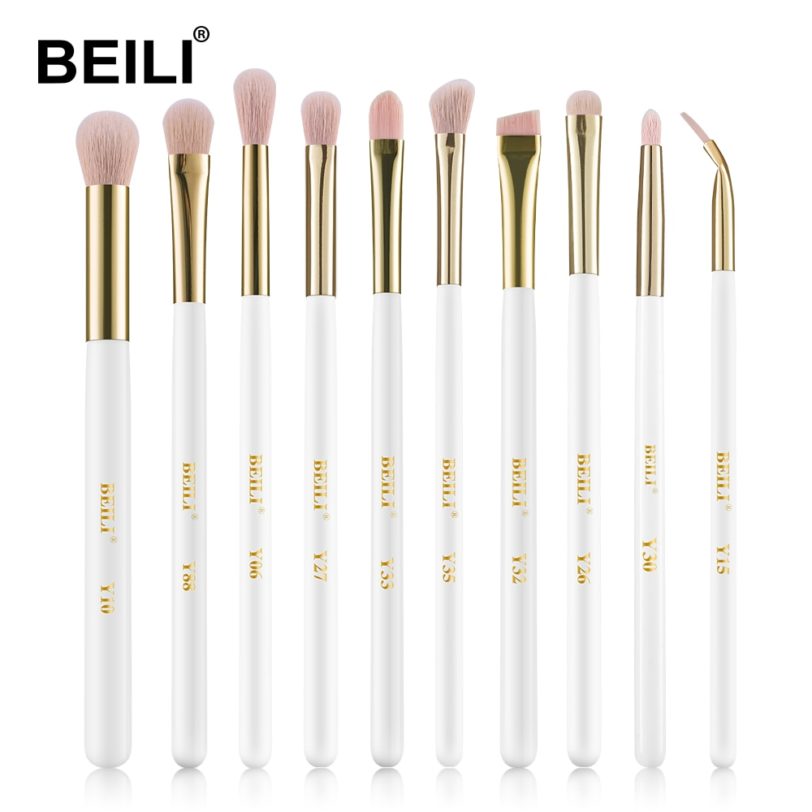 BEILI Makeup Brushes White Golden 10Pcs Eyeshadow Eyebrow EyeLiner Brush Set Goat Hair Eye Make Up Tools brochas maquillaje