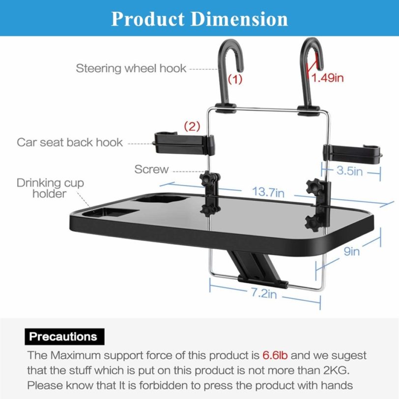 BENOO Black Silver Foldable Car Seat Back Tray for Food Dining Drink and Laptop Desk Portable Hanging Car Steering Wheel Table - Image 2