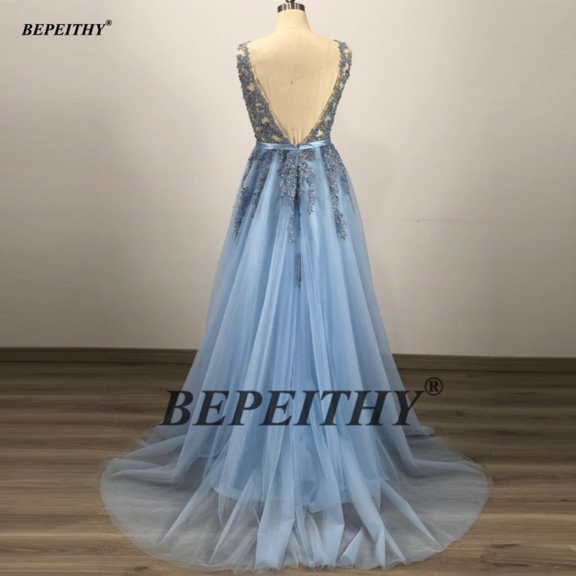 BEPEITHY Deep V Neck Luxury Blue Long Evening Dress With Belt Vestido De Festa Sexy Backless Prom Party Gown 2021 For Women - Image 5