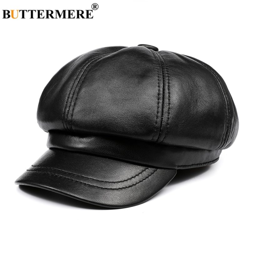 BUTTERMERE Genuine Leather Vintage Hat Women Newsboy Cap Pink Baker Boy Cap High Quality Brand Ladies Winter Octagonal Cap - Image 2