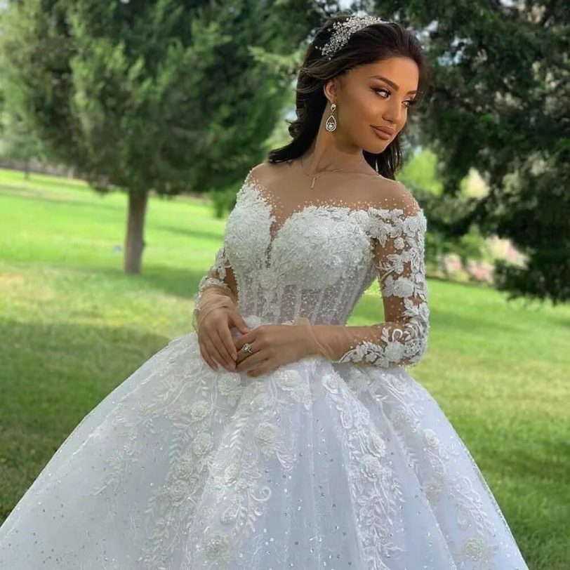 Ball Gown Wedding Dresses O Neck Long Sleeves Vestido Casamento Lace Up Appliqus Beaded Bride Gowns 2021 Suknie Slubne Princess - Image 5