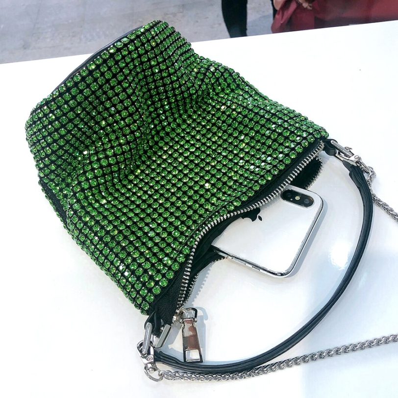 Bling crystal clutch evening bag Women 2020 Luxury designer Korean green Rhinestone bucket shoulder bag wedding party ladies new - Image 5