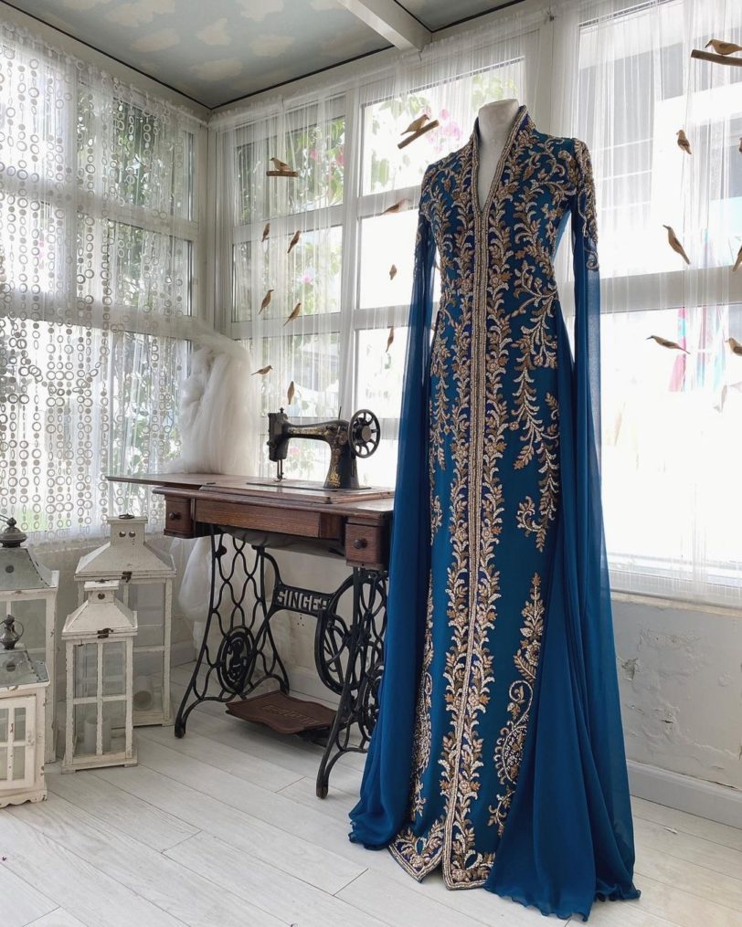 Blue Elegant Exquisite Moroccan Caftan Evening Dress Floor Length V-Neck Wedding Dress Summer Dress Saudi Arabia Prom Dress - Image 3