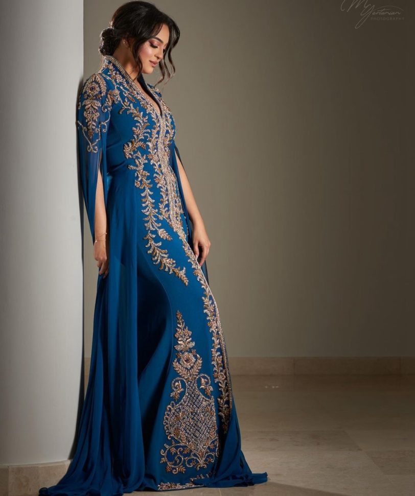 Blue Elegant Exquisite Moroccan Caftan Evening Dress Floor Length V-Neck Wedding Dress Summer Dress Saudi Arabia Prom Dress - Image 6