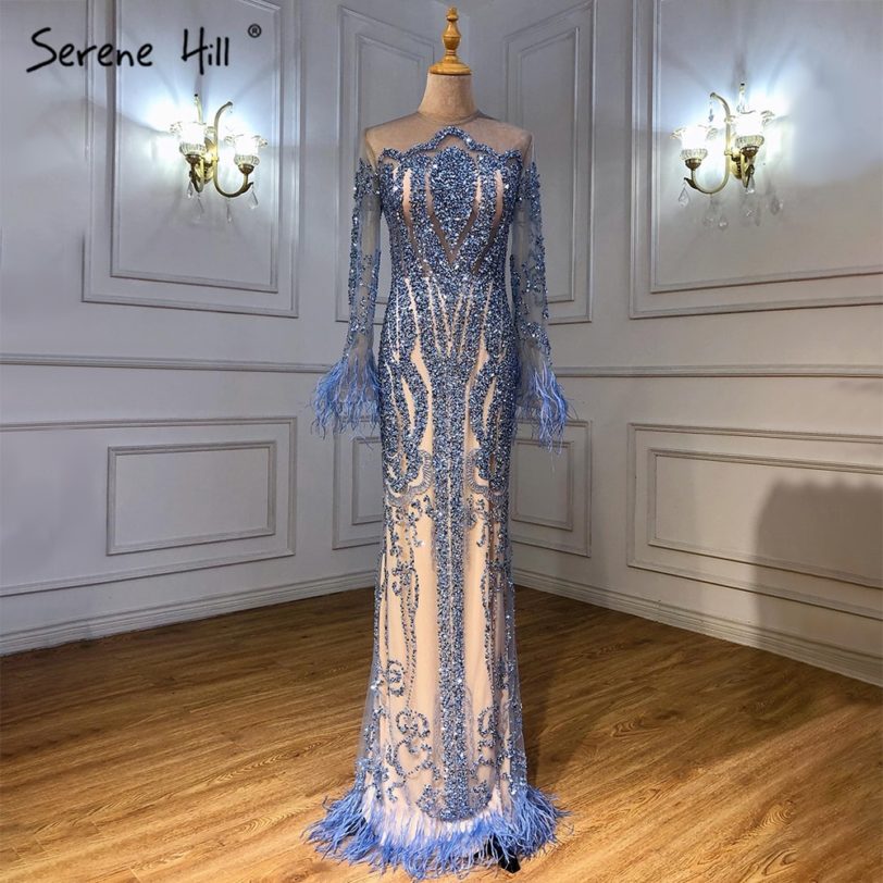 Blue Long Sleeve Feathers beaded Evening Dresses Dubai Mermaid Luxury Evening Gowns 2021 Serene Hill LA60932 - Image 5