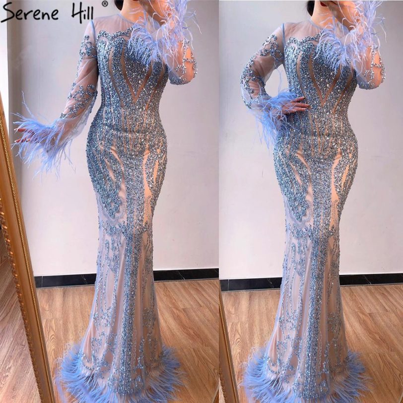 Blue Long Sleeve Feathers beaded Evening Dresses Dubai Mermaid Luxury Evening Gowns 2021 Serene Hill LA60932 - Image 2