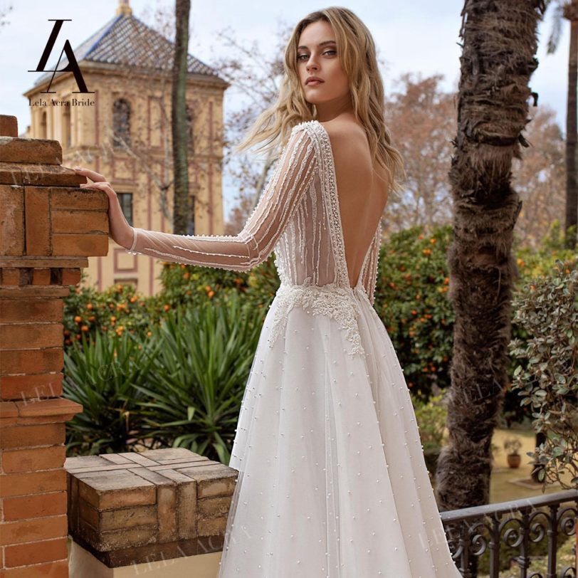 Boho Pearls Wedding Dress Romantic Crystal Long Sleeve A-Line Princess Bridal Gown Court Train LelaAcra R056 Vestido De Noiva - Image 6