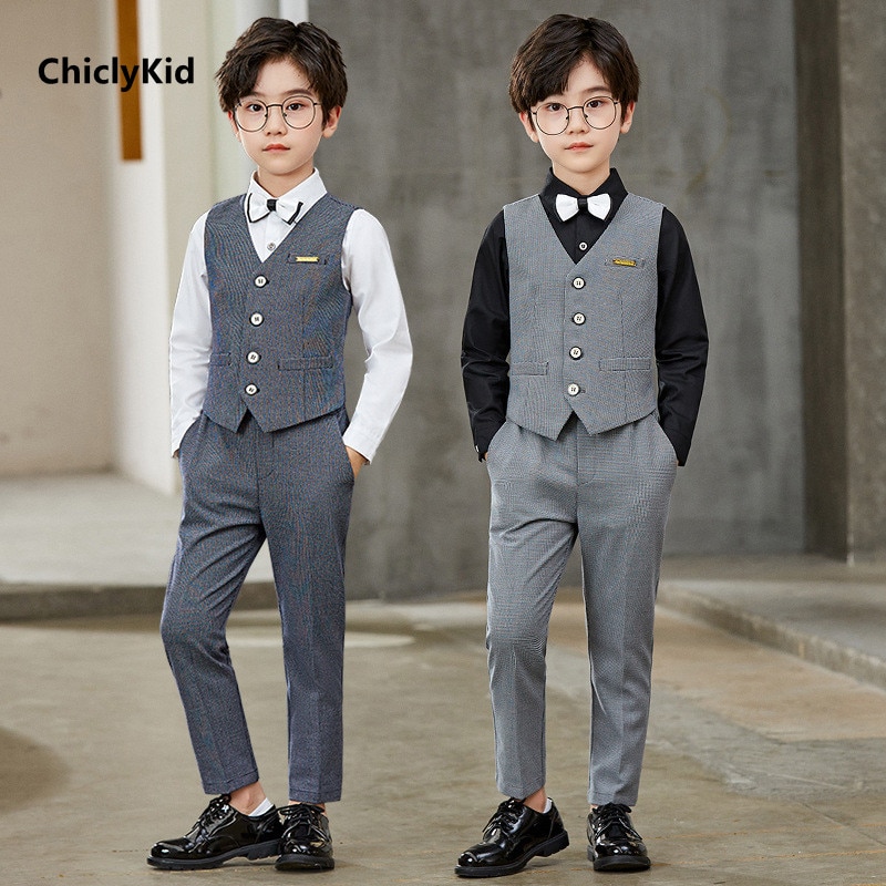 Boy Gentleman Dot Top Kids Waistcoat Wedding Clothes Sets Toddler Formal Suits Child BowTie Shirt Vest