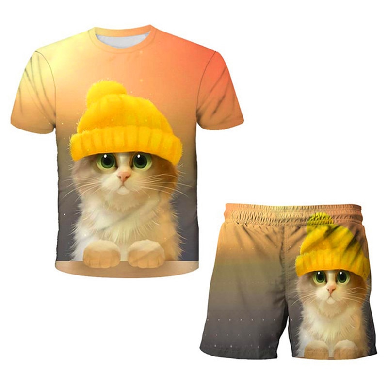 Boys Girls Cat Animals T shirt Set 2021 Summer 4 14 Years Children Cotton Clothing 2pcs
