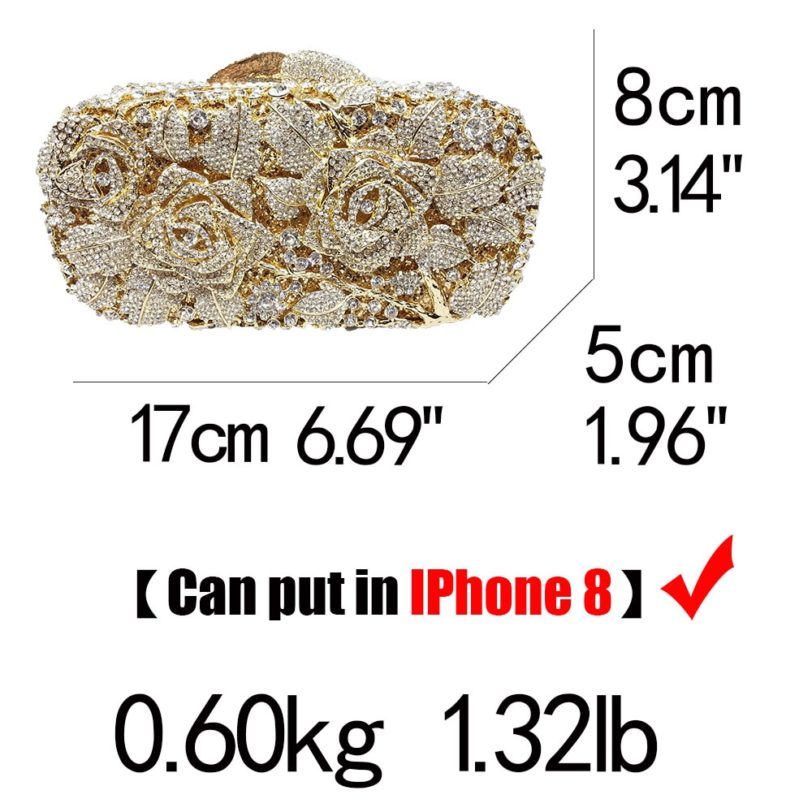 Bridal Metal Clutch Floral Rose Bag Women Crystal Gold Evening Bag Wedding Party Handbags Purse Lady Diamond Rhinestone Clutches - Image 5