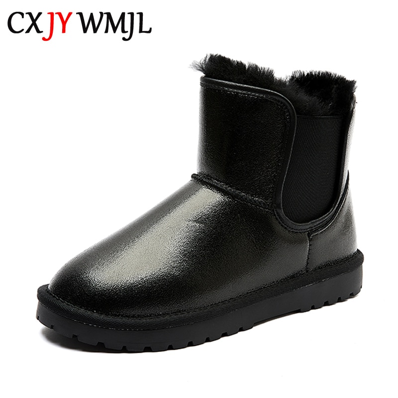 CXJYWMJL Genuine Leather Women Snow Boots Wool Elastic Band Winter Warm Boots Ladies British Style Booties