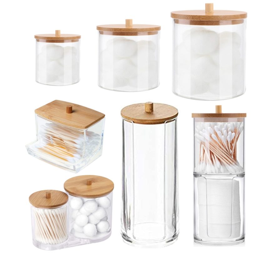 Cotton Swab Storage Bamboo Cover Acrylic Round Container Cotton Puff Storage Box Makeup Remover Box Makeup Storage Organizer