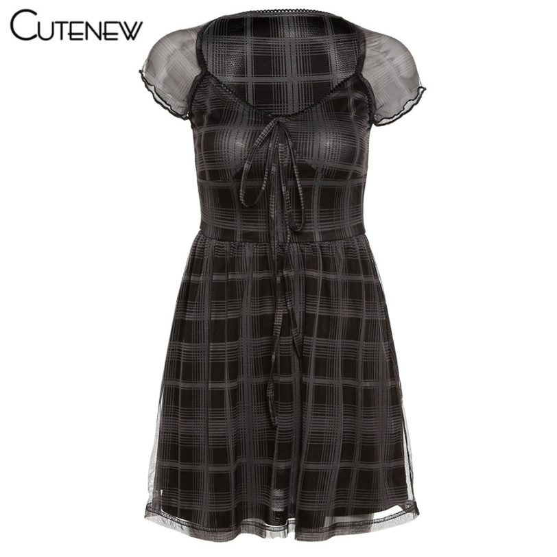 Cutenew Lattice Pattern A Line Short Sleeve Mini Dress For Womens Clothes 2021 Summer Casual Stretch 5