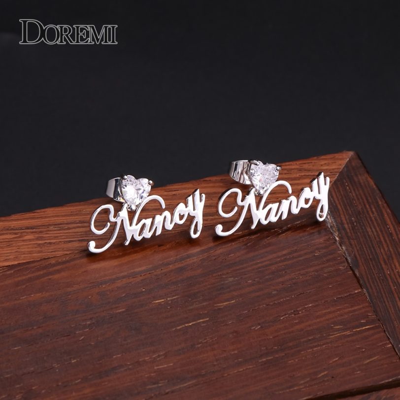 DOREMI 3A Heart Zircon Name Earring Personalized Custom Name Earrings Women Customize Initial Cursive Nameplate Stud Earring - Image 6