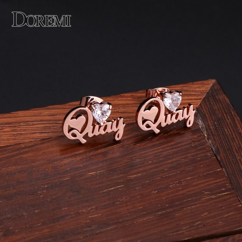 DOREMI 3A Heart Zircon Name Earring Personalized Custom Name Earrings Women Customize Initial Cursive Nameplate Stud Earring - Image 4