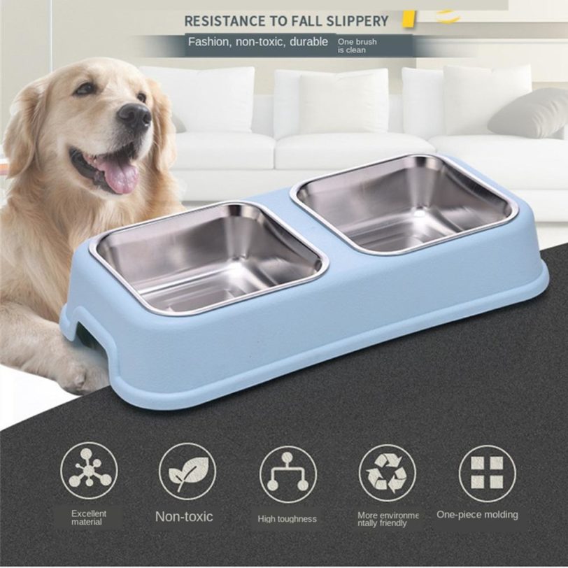 Dog Double Bowl Puppy Food Water Feeder Cute Stainless Steel Pets Drinking Dish Feeder Pets Supplies Feeding Dishes Dogs Bowl