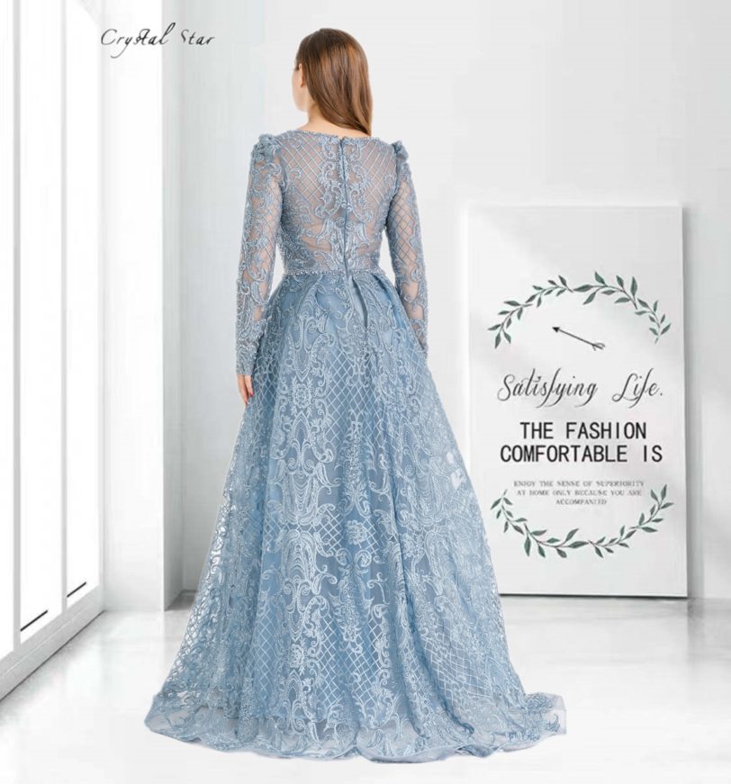 Dubai Muslim Blue Long Luxury Elegant Evening Dresses 2021 Crystal Mermaid Evening Gowns Plus Size HO1052 - Image 3