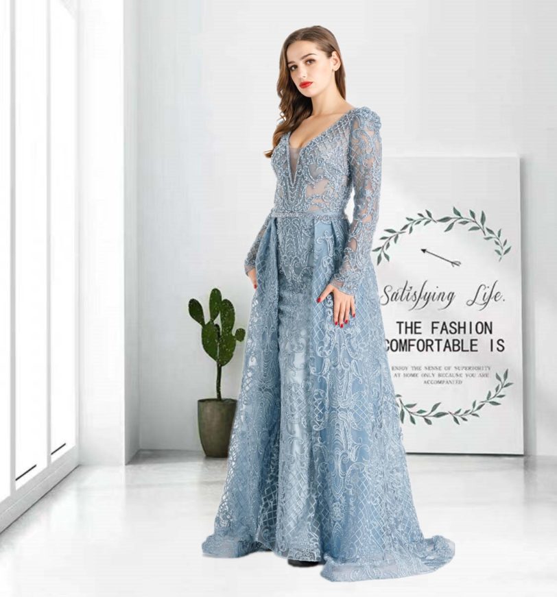 Dubai Muslim Blue Long Luxury Elegant Evening Dresses 2021 Crystal Mermaid Evening Gowns Plus Size HO1052 - Image 2