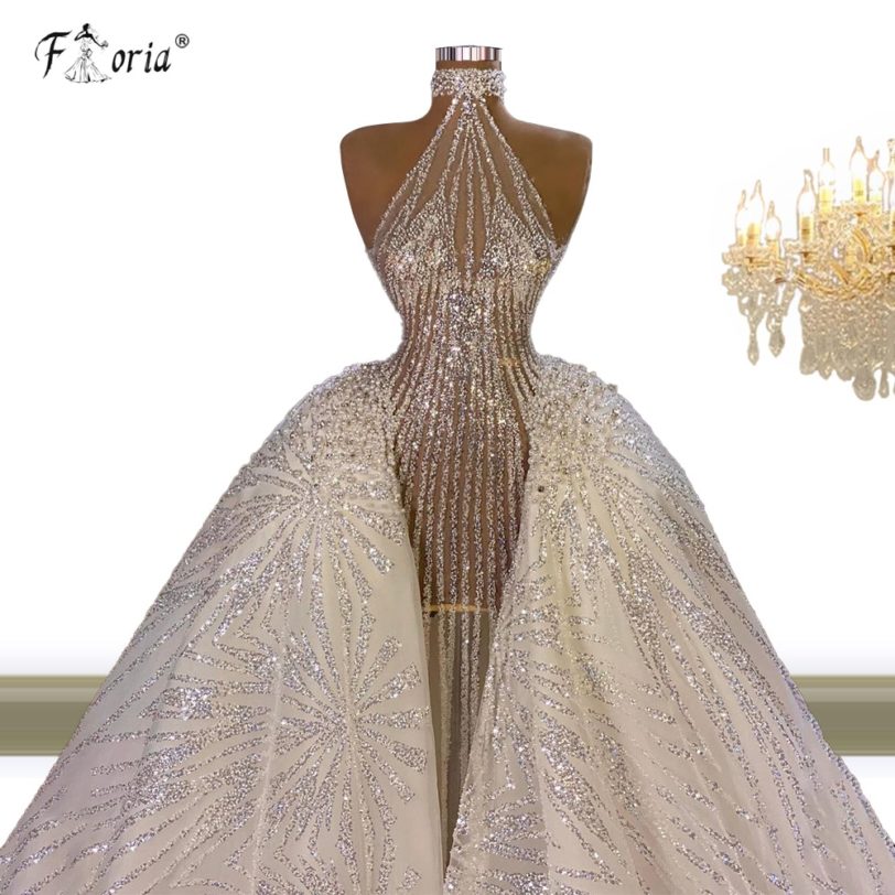 Dubai Sexy Evening Dresses 2021 Luxury African Full Diamond Mermaid Formal Dress With Detachable Train Muslim Wedding Dresses - Image 4