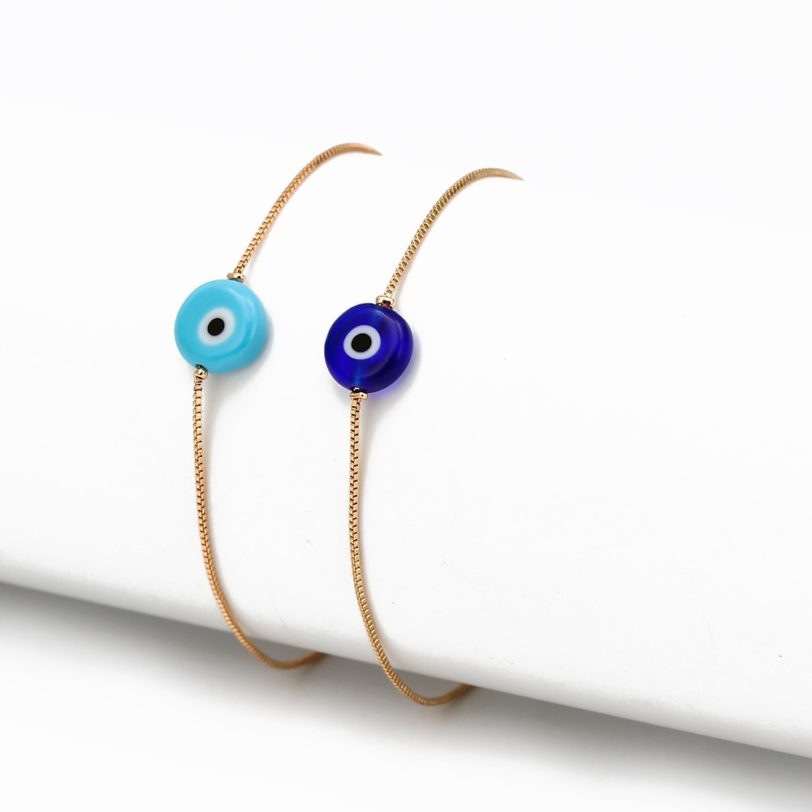 EVIL EYE Blue Turkish Eye Bead Bracelet Gold Color Simple Copper Adjustable Bracelet Fashion Jewelry for Women Girls Men BE73 - Image 2