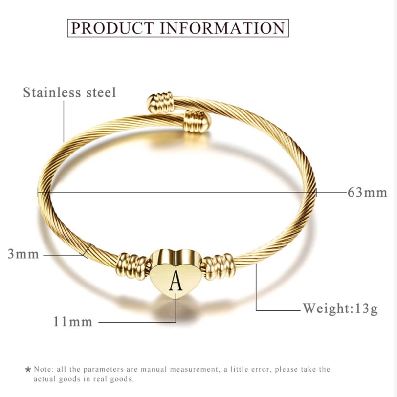 Fashion Girls Gold Color Stainless Steel Heart Bracelet Bangle With Letter Fashion Initial Alphabet Charms Bracelets 1