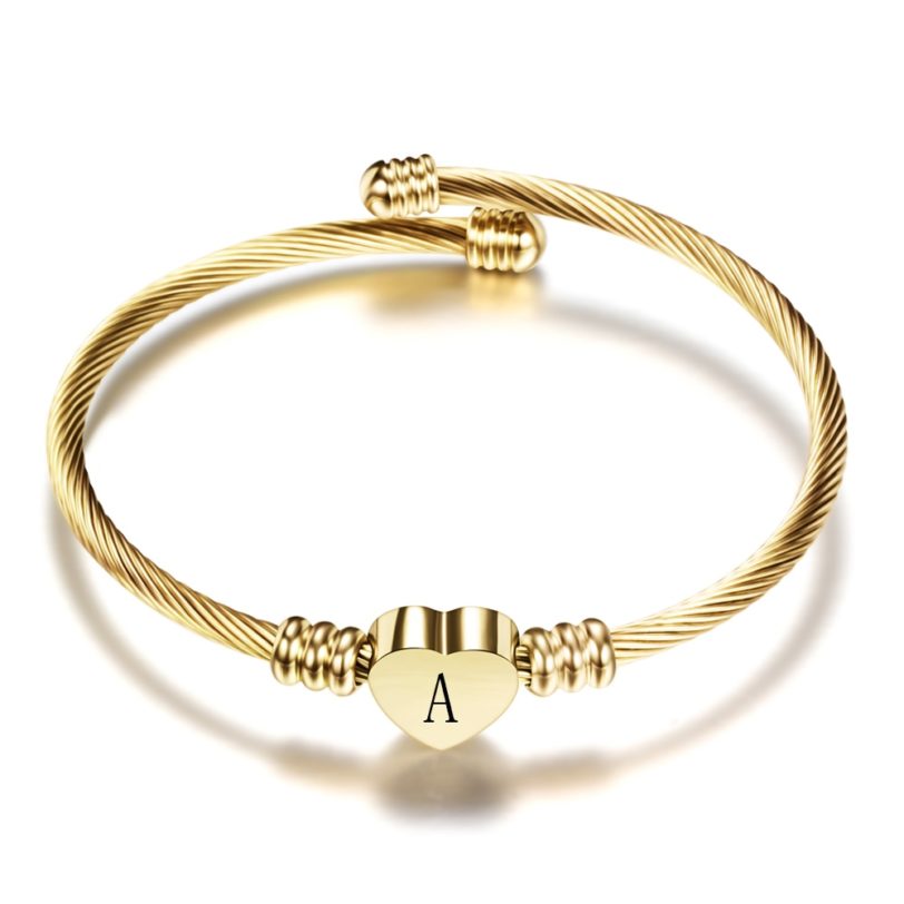 Fashion Girls Gold Color Stainless Steel Heart Bracelet Bangle With Letter Fashion Initial Alphabet Charms Bracelets 2
